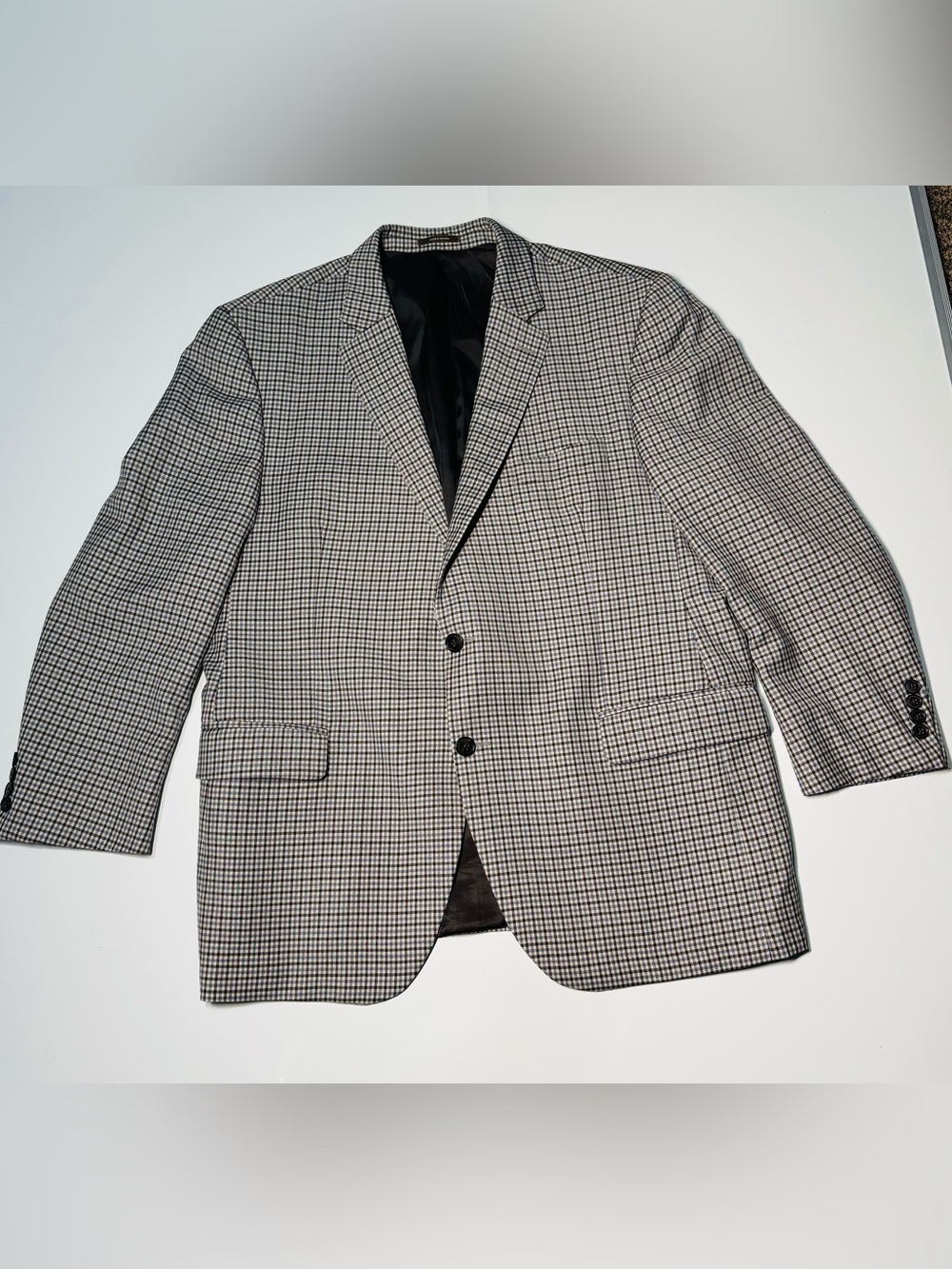 Peter Millar 46R Sport Coat Blazer 100% Wool Blue Brown Gingham Check Union Made
